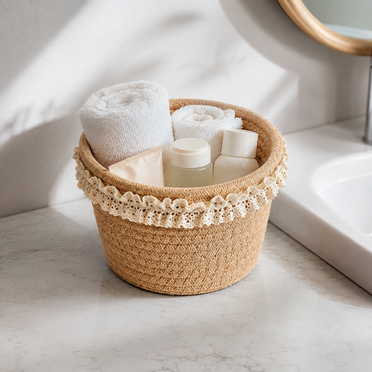 🤎 Lace Storage Basket | Woven Texture | Cottage Charm
