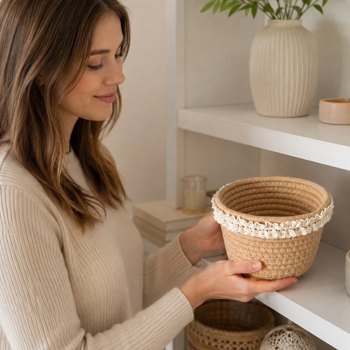 🤎 Lace Storage Basket | Woven Texture | Cottage Charm