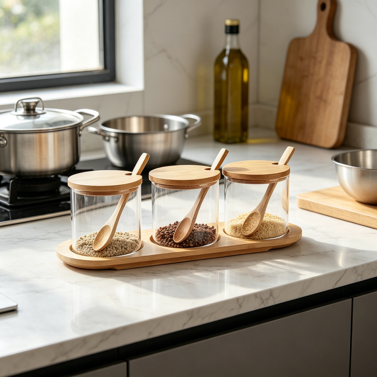 🧂 Spice Jar Set | Glass Bamboo Design | Kitchen Seasoning | Home Cooks | Elegant Countertop Display