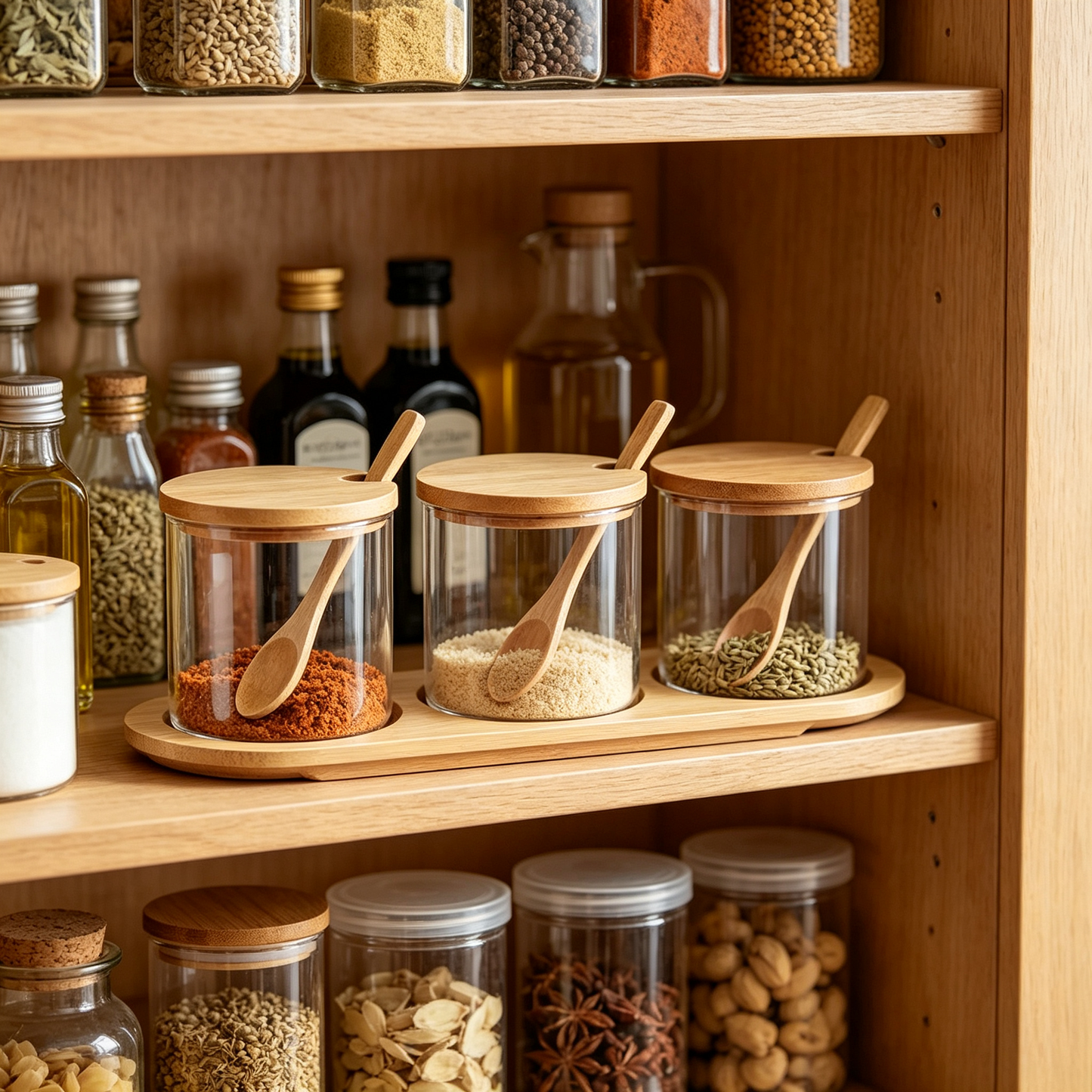 🧂 Spice Jar Set | Glass Bamboo Design | Kitchen Seasoning | Home Cooks | Elegant Countertop Display