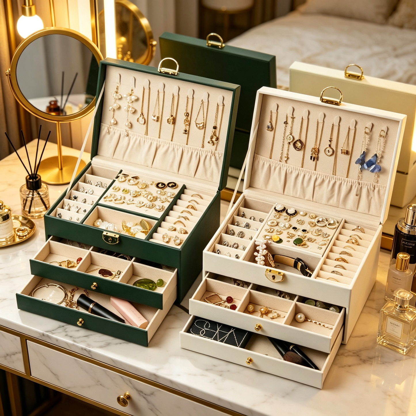 💎 Jewelry Organizer | Quilted Leather | Vanity Storage | Jewelry Lovers | Elegant Drawer Design