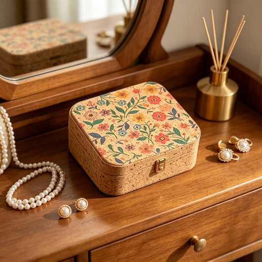 🌸 Floral Jewelry Box | Cork Texture | Vintage Charm